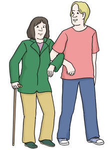 Illustration, junger Mann geht spazieren mit älterer Dame am Stock