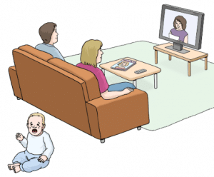 Illustration, Eltern auf Couch vor Fernseher, weinendes Kleinkind dahinter