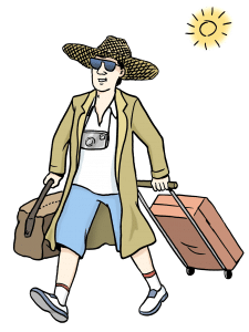 Illustration Urlauber mit Koffer und Sonnenhut
