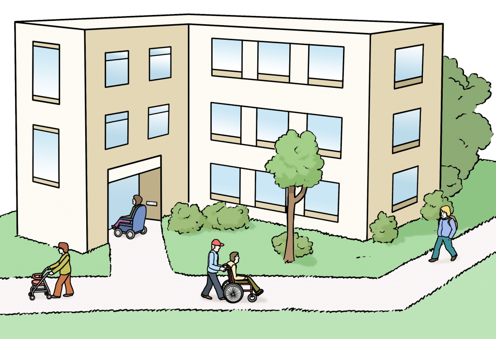 Illustration, Wohnheim von aussen mit Personen