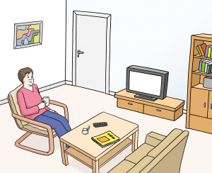 Illustration, Mann im Wohnzimmer, gemütlich
