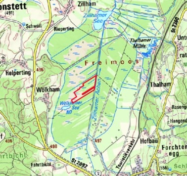 Lage des Projektgebiets im Halfinger Freimoos, Topographische Karte